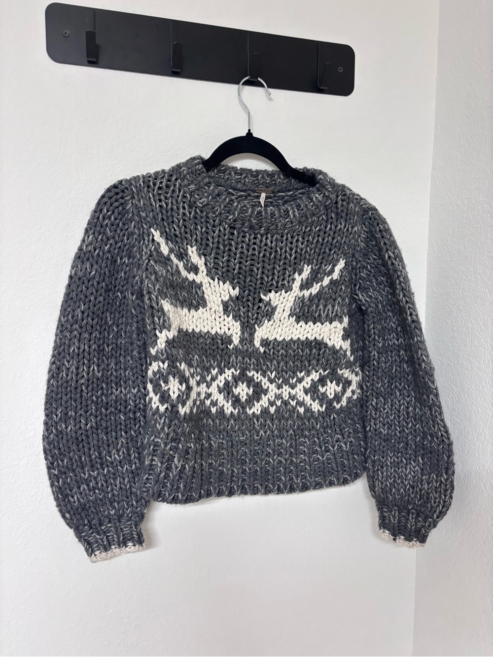 Free People Grey & White Reindeer Chunky Knit Crew Sweater